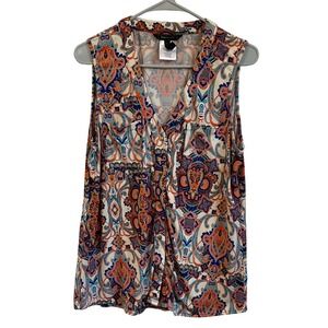 BCBGMAXAZRIA Paisley Blouse Sleeveless Button Down‎ Tank Top XL Stretchy